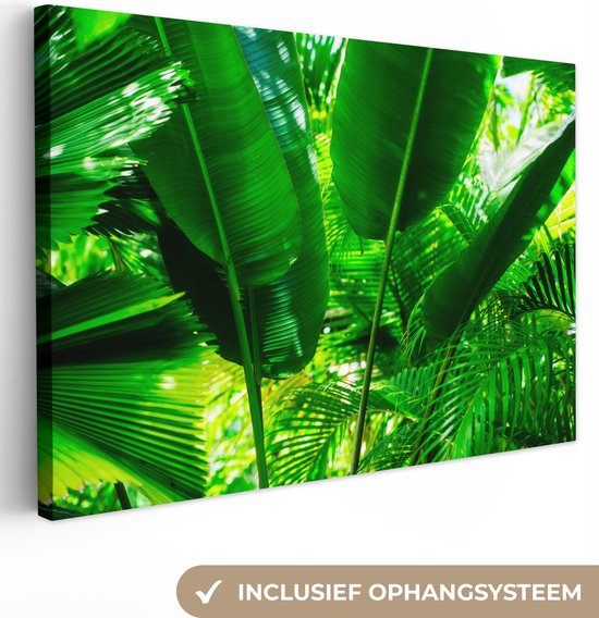 Canvas schilderij 180x120 cm - Wanddecoratie Tropische bladeren in jungle fotoprint - Muurdecoratie woonkamer - Slaapkamer decoratie - Kamer accessoires - Schilderijen