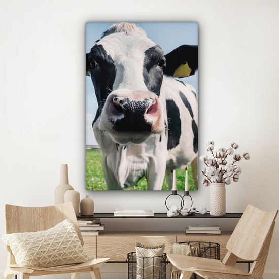 Toile - Vache - Zwart et blanc - Gros plan - Nature - Animal - Peinture sur toile vache - Décoration murale - 90x140 cm