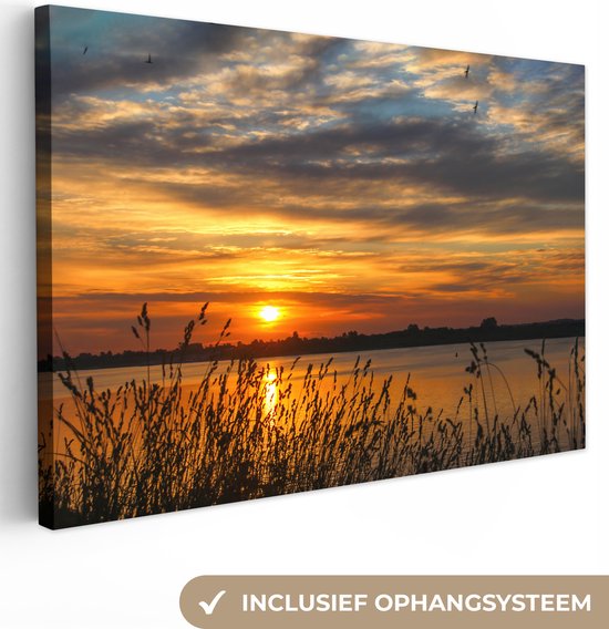 Canvas schilderij - Landschap - Zee - Zonsondergang - Planten - Foto op canvas - Canvas doek - Slaapkamer decoratie - 90x60 cm - Wanddecoratie - Kamer decoratie - Woonkamer