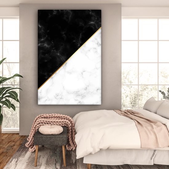 Canvas schilderij 120x180 cm - Wanddecoratie Marmer - Wit - Zwart - Goud - Muurdecoratie woonkamer - Slaapkamer decoratie - Kamer accessoires - Schilderijen op canvas