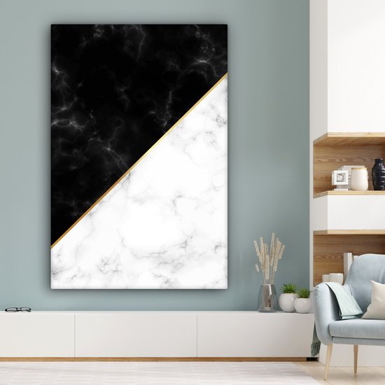Canvas schilderij 120x180 cm - Wanddecoratie Marmer - Wit - Zwart - Goud - Muurdecoratie woonkamer - Slaapkamer decoratie - Kamer accessoires - Schilderijen op canvas