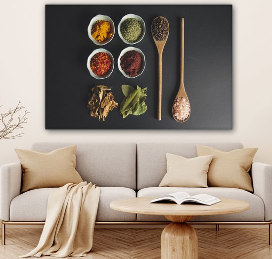 Peinture sur toile Louche - Épices - Herbes - Vert - Marron - Rustique - 140x90 cm - Décoration murale