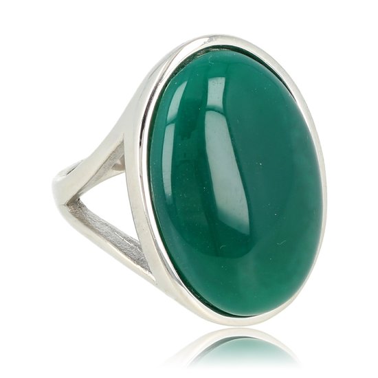 My Bendel - Grote zilveren statement ring met ronde Green Agate edelsteen - Unieke statement ring voor dames met Green Agate edelsteen - Met luxe cadeauverpakking