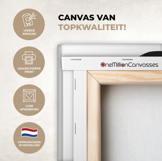Close-up van de achterkant van een canvasdoek met de tekst 'Canvas van topkwaliteit!' en iconen voor 'Unieke designs', 'Haarscherpe print', 'Luxe afwerking' en 'Geproduceerd in Nederland'.