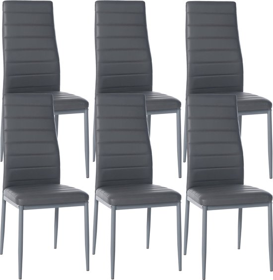 CLP Mayfair Set de 6 chaises de salle à manger - Sans accoudoirs - Fauteuil - Piétement métal - Simili cuir gris