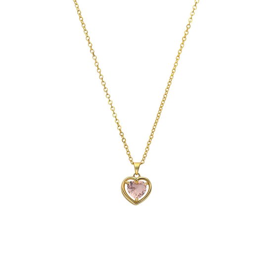 Lucardi - Dames Stalen goldplated ketting vintage hart roze zirk - Ketting - Staal - Goudkleurig - 45 cm