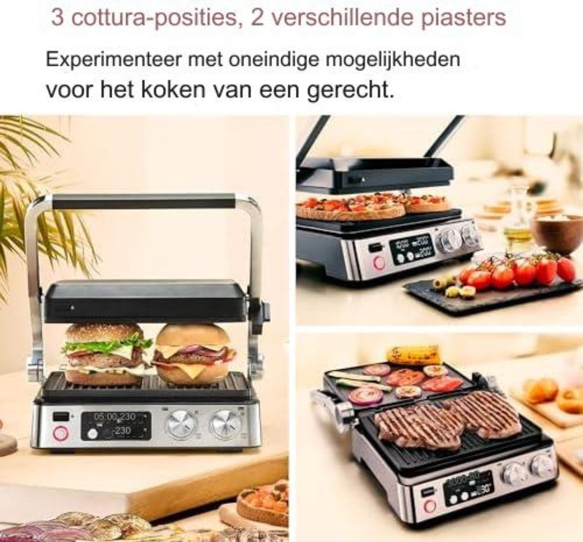 Contactgrill - geribbelde bovenste bakplaat - 2200 W