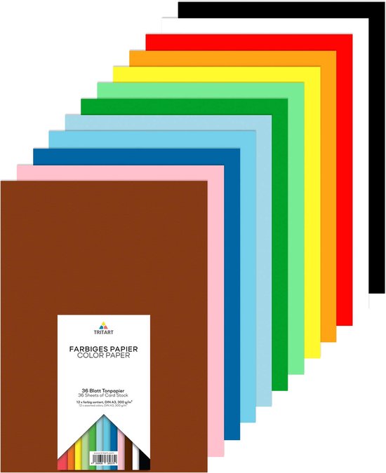 Tritart gekleurd karton A3 300 g/m² - 36 vellen A3 papier - Volledig gekleurd tekenpapier om te knutselen - Karton in 12 kleuren - Knutselkarton