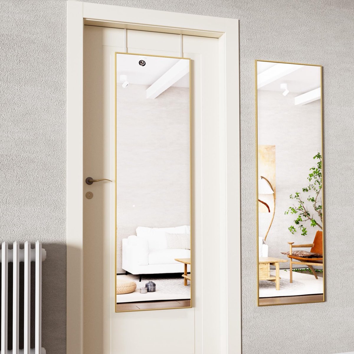 Door Mirror, Full Length Mirror, 35 x 122 cm Wall Mirror with 2 Height-Adjustable Hanging Hooks Over the Door, Hanging Mirror with Aluminium Frame for Entrances and Bedrooms, Gold - 