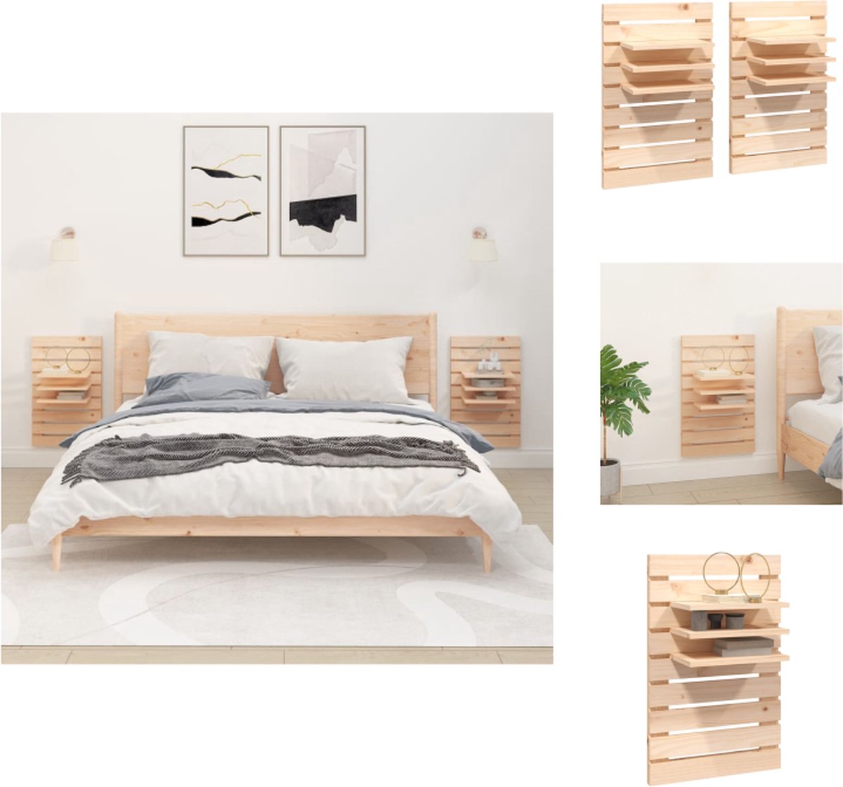 VidaXL Wandgemonteerde Nachtkastjes Massief Grenenhout 40 x 17.5 x 63 cm Opbergruimte Flexibel Schap Wandsteun