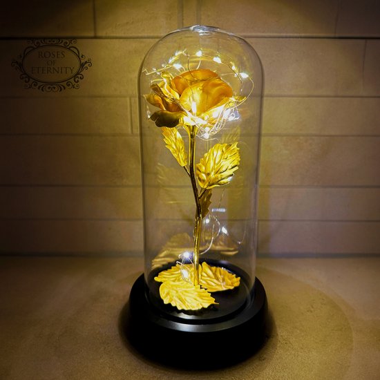 Roses d'éternité - Rose dorée dans une cloche en verre avec LED - Cadeau pour femme, petite amie, elle - Mariage - Cadeau romantique