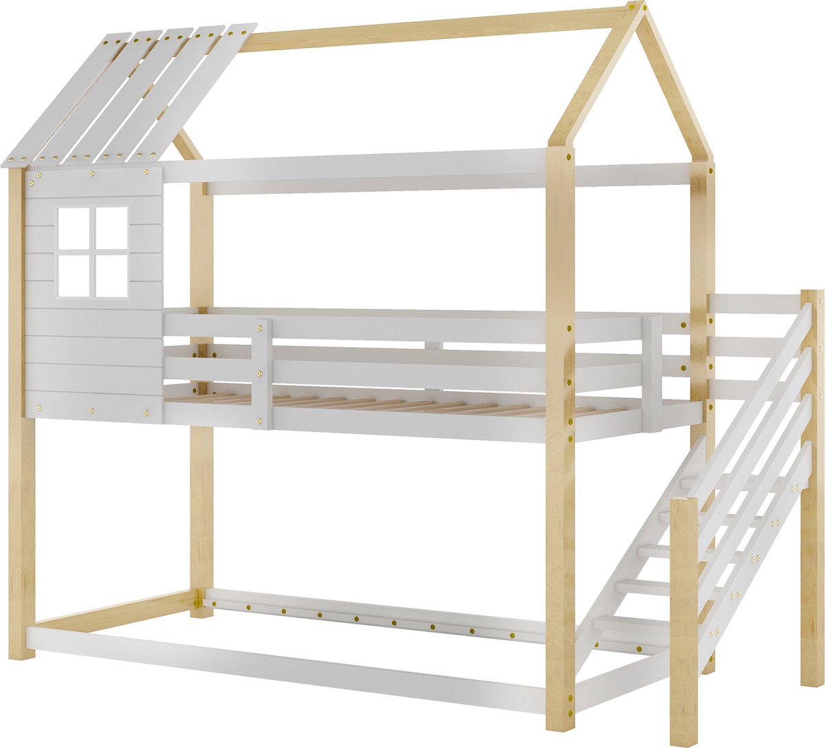 Merax Hoogslaper 90x200 met Uitvalbeveiliging Huisbed met Trap Wit met Bruin
