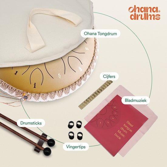 Ohana Drums® Tongue drum – Handpan – Zonnegloed Goud – 36 cm Ø – Klankschaal – 15 noten – Yoga Drum – Muziekinstrument voor kinderen - Chakra meditatie en ontspanning - Incl. Hollandse liedjes e-book