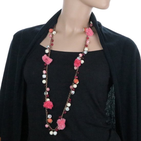 Sautoir Behave - perles roses - pompons - 90 cm