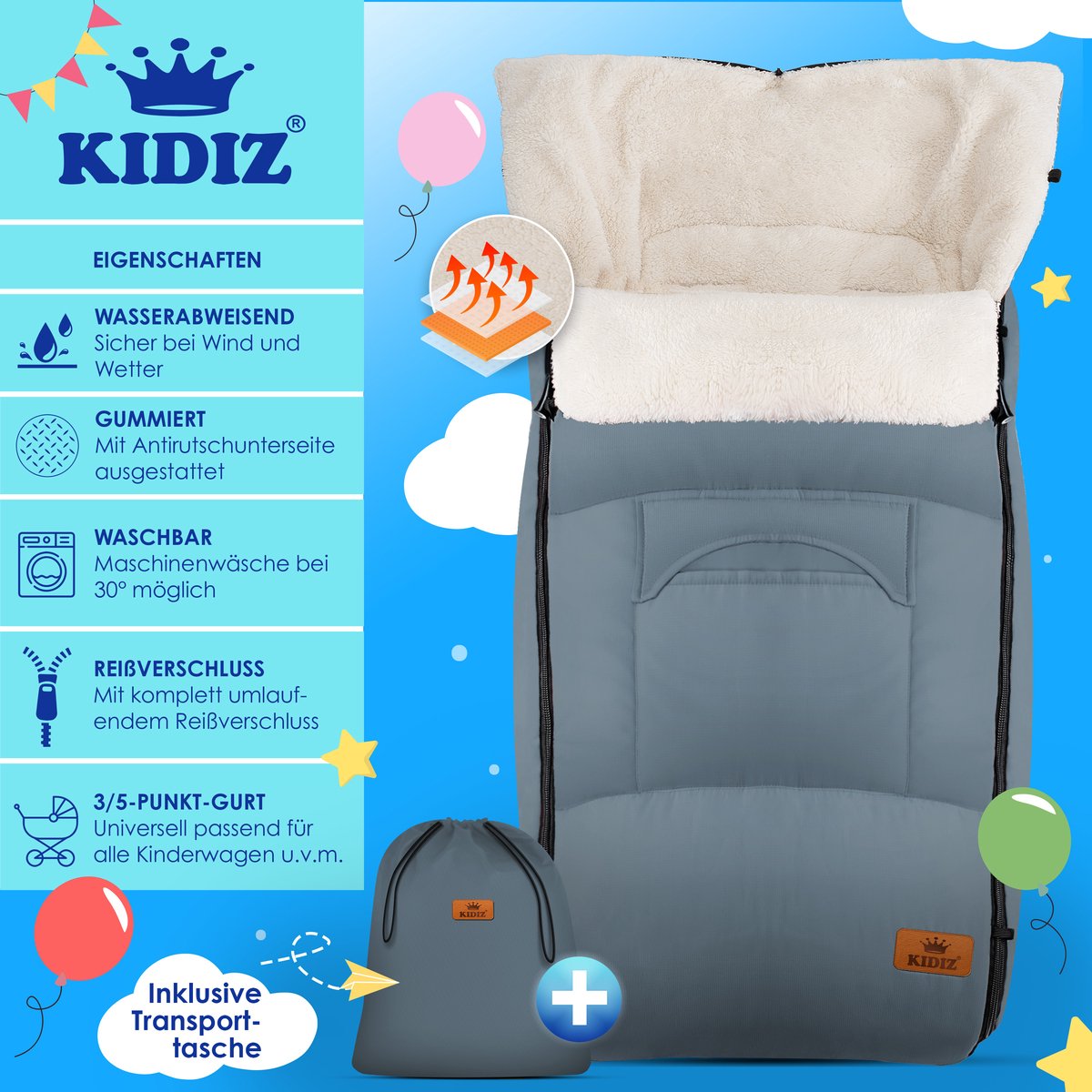 KIDIZ® Voetenzak voor Autostoeltje en Buggy met Ritssluiting - Baby Slaapzak Deken voor Maxi-Cosi & Wandelwagen / Kinderwagen - Grijs – foto 7