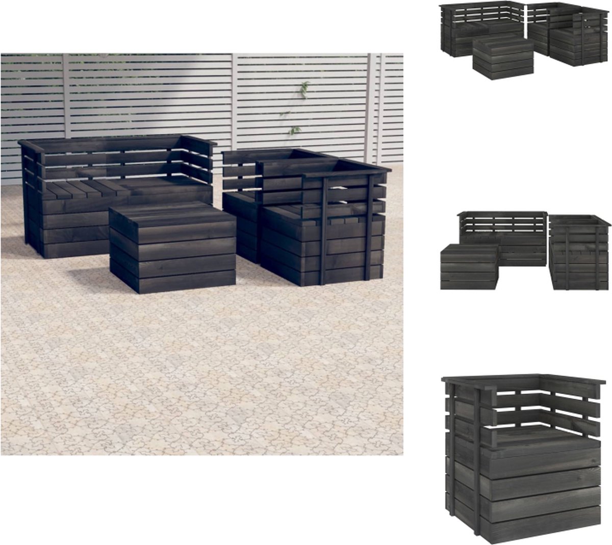 VidaXL Pallet Tuinset Armstoel + Hoekbank + Tafel Donkergrijs Massief grenenhout 70 x 65 x 71.5 cm 65 x 65 x 71.5 cm 60 x 60 x 41.5 cm Tuinset