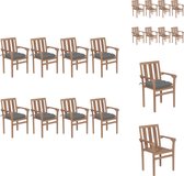vidaXL Teakhouten Tuinstoelenset - Stapelbaar - Hard Teakhout - Grijs Kussen - 58x50x89 cm - Inclusief 8 stoelen en 8 kussens - Tuinstoel