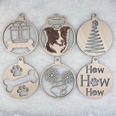 Kerstbal Border Collie - Kerstornamenten van Hout - Kerstbal Hond - Kerstdecoratie 6 stuks