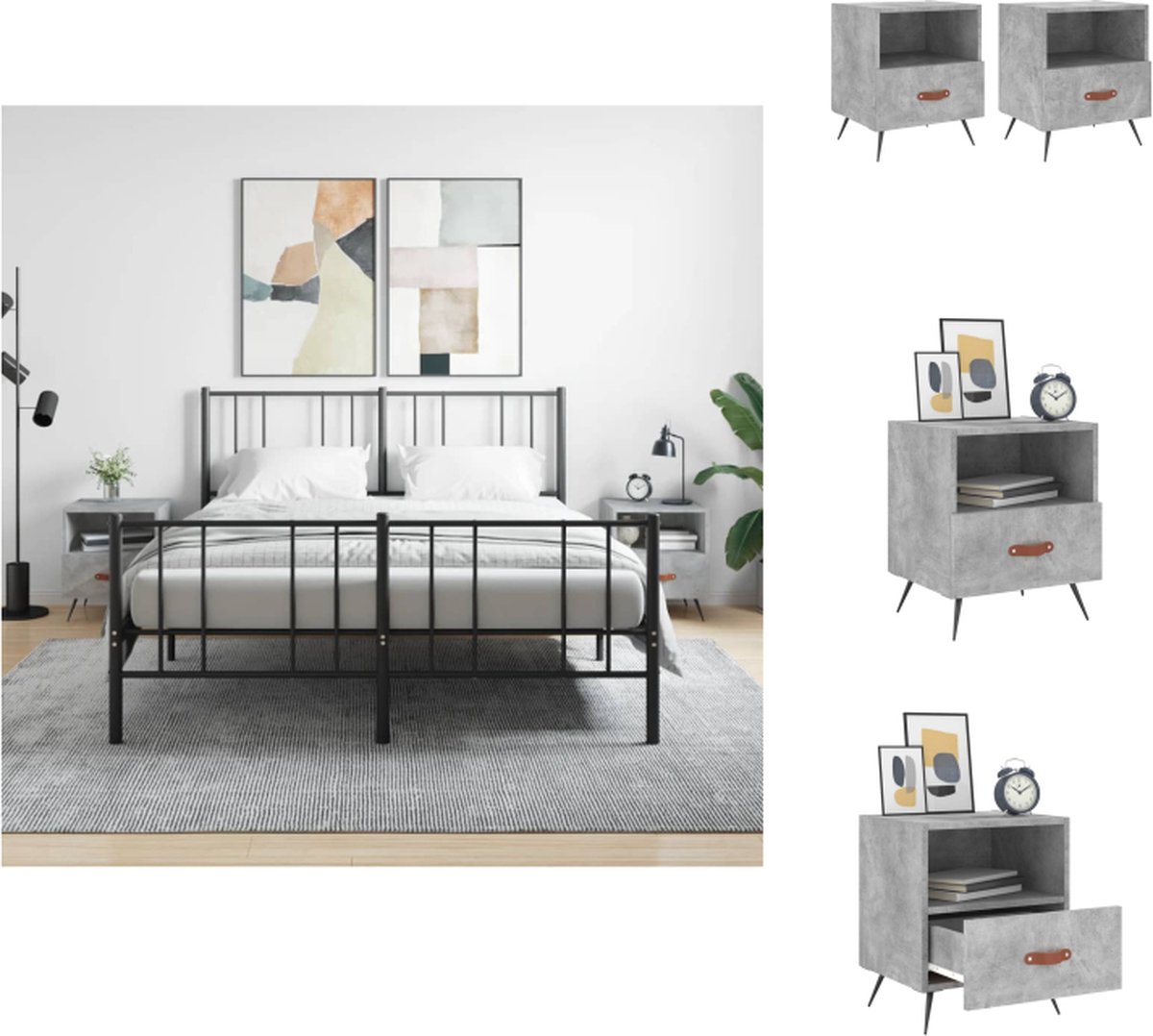 VidaXL Nachtkastje Betongrijs 40x35x47.5 cm Duurzaam bewerkt hout 1 vak en 1 lade Metalen voeten Set van 2 Kast