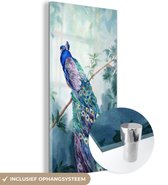 Glasschilderij - Pauw - Pauwenveren - Bladeren - Groen - Verf - Foto op glas - 60x120 cm - Afbeelding op glas - Muurdecoratie