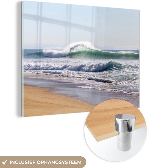 MuchoWow® Glasschilderij 160x120 cm - Schilderij acrylglas - Strand - Golven - Zee - Foto op glas - Schilderijen