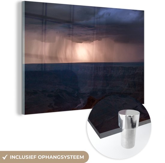 MuchoWow® Glasschilderij 60x40 cm - Schilderij acrylglas - Moessonregen en onweer boven de Grand Canyon - Foto op glas - Schilderijen