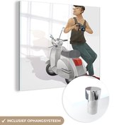 MuchoWow® Glasschilderij 50x50 cm - Schilderij acrylglas - Illustratie van iemand met een camera en een Vespa scooter - Foto op glas - Schilderijen