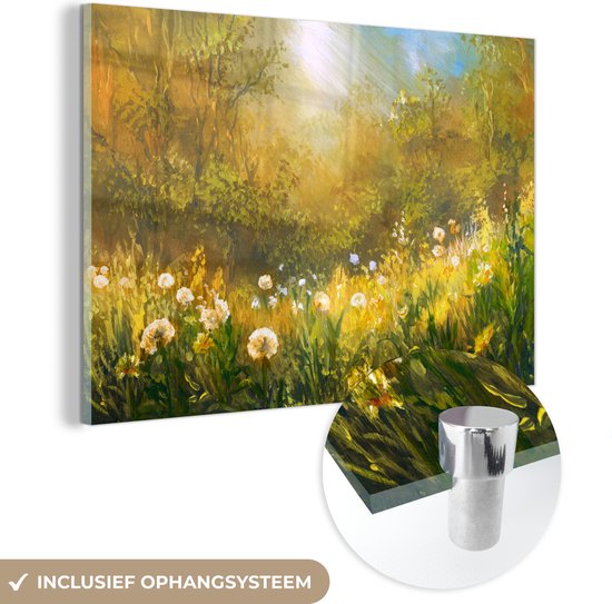 MuchoWow® Glasschilderij 120x80 cm - Schilderij acrylglas - Palmbomen langs de straten MuchoWow® Glasschilderij 120x80 cm - Schilderij acrylglas - Palmbomen langs de straten