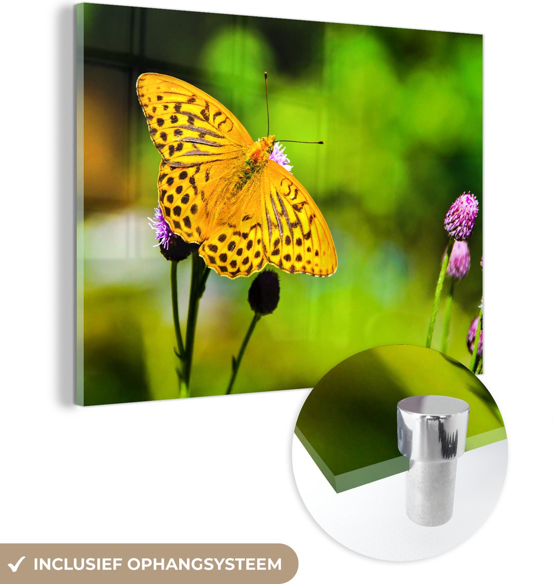 MuchoWow - Glasschilderij - Vlinders - Geel - Bloem - Dieren - Foto op glas - 160x120 cm - Acrylverf - Glasschilderij natuur - Muurdecoratie glas - Wanddecoratie - Glasschilderij vlinder