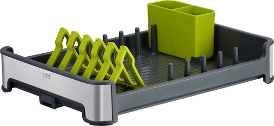 Egouttoir gris avec bord argenté et porte-vaisselle verts.