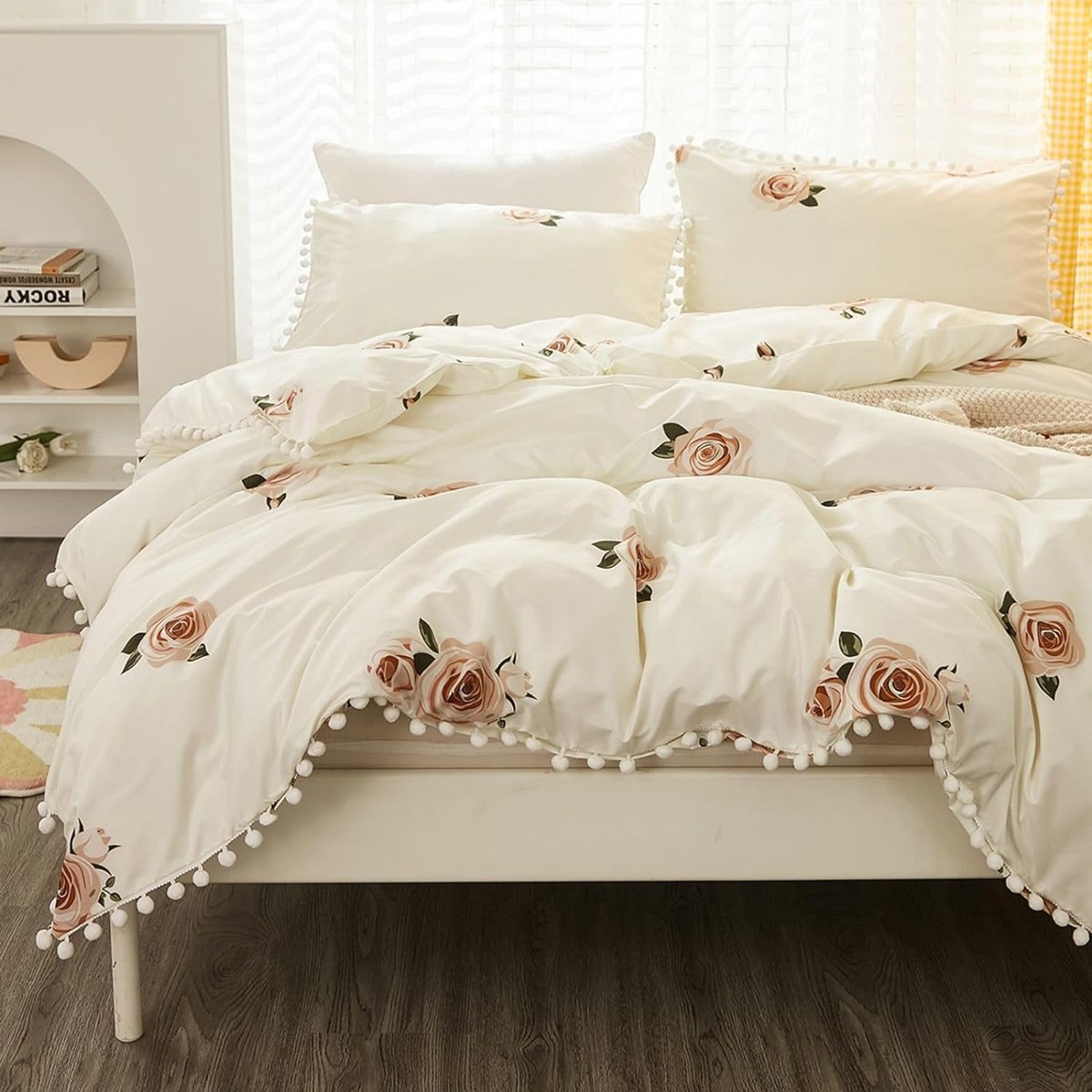 Unyqoos Beddengoed 135 x 200 cm 2-delig Wit Roze Bloemen Pompoms Omkeerbaar Beddengoed Microvezel Zacht Beddengoed Romantische Meisjes Dekbedovertrek met Rits en Kussensloop 80 x 80 cm