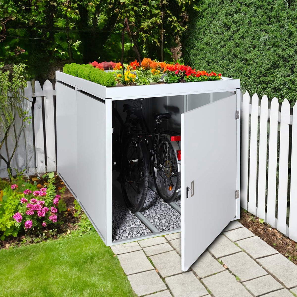 ALBATROS XXL Fahrradgarage Metall wetterfest & abschließbar, für 4 Fahrräder & E-Bikes, Fahrradbox 229x203x162 cm, Fahrradunterstand aus verzinktem Stahl RAL7016 anthrazit, Gartenbox mit Zubehör