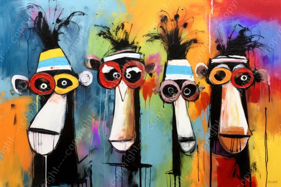 JJ-Art (Glas) 90x60 | Gekke apen met bril, humor, kleurrijk, abstract ...