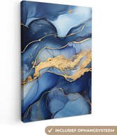 Canvas Schilderij Marmer - Blauw - Goud - Abstract - 60x90 cm - Wanddecoratie
