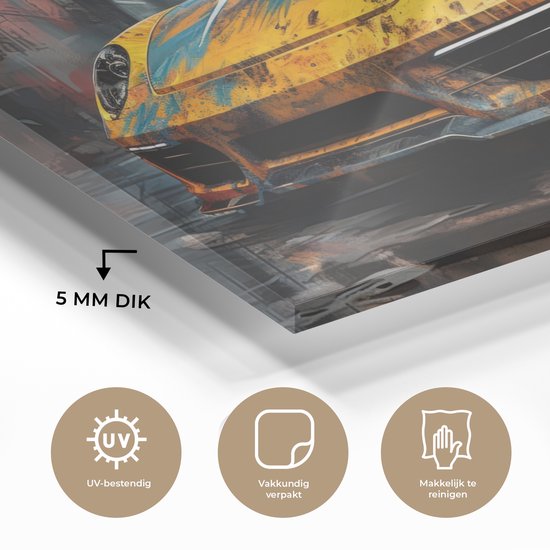 MuchoWow® Glasschilderij 120x80 cm - Schilderij acrylglas - Auto - Geel - Verf - Abstract - Foto op glas - Muurdecoratie woonkamer - Wanddecoratie slaapkamer - Schilderijen