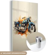 MuchoWow® Glasschilderij 80x120 cm - Schilderij glas - Motor - Bike - Retro - Graffiti - Blauw - Foto op acrylglas - Schilderijen