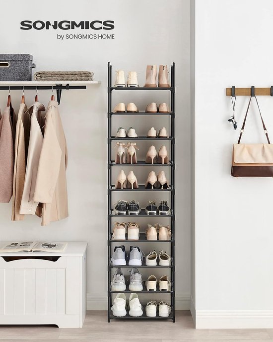 SONGMICS Schoenenrek, 5 niveaus, schoenenrek, schoenenopberger, smal, 28 x 45 x 89 cm, metalen frame, planken van vliesstof, voor hal, slaapkamer, zwart LSH005B02