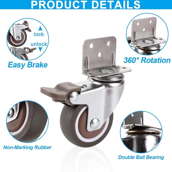 PUCSIQ 8 stuks 50 mm zwenkwielen, zware wielen met rem en kogellagers, kleine meubelwielen, transportwielen, wielen voor meubels, tafel, wagen