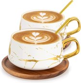 Set de 2 tasses à expresso, tasses à cappuccino 300 ml, tasses à café en marbre avec soucoupe, porcelaine, 2 tasses, 2 soucoupes, 2 cuillères, blanc