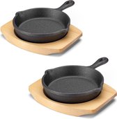 2 x gietijzeren pan, klein met houten standaard, 10,2 x 2,5 cm, serveerpan van gietijzer, mini-ovenvorm, gietijzeren braadpan, kleine pan voor de oven
