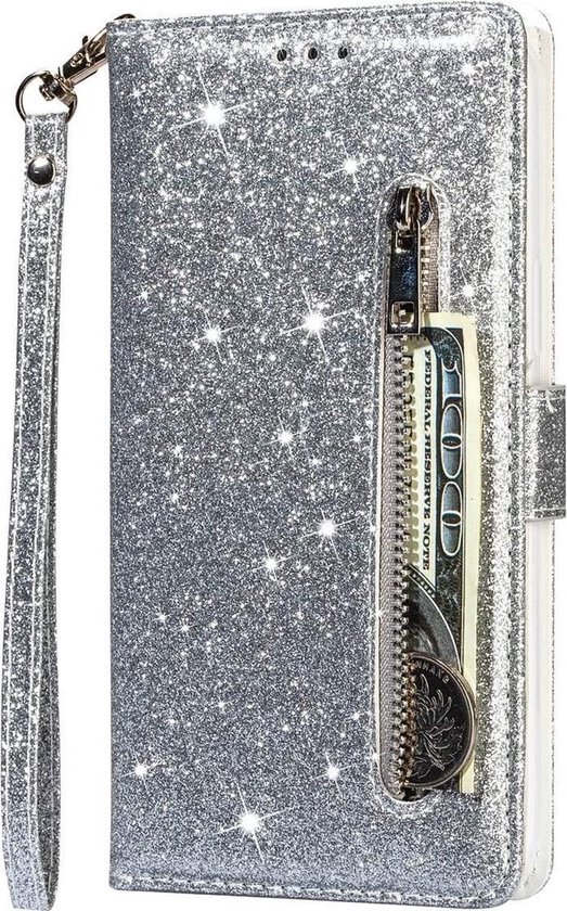 Glitter Bookcase Hoesje Geschikt voor: Samsung Galaxy A54 met rits - hoesje - portemonneehoesje - Zilver - ZT Accessoires