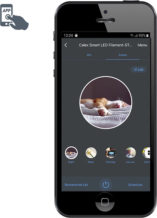 Smartphone met app-interface voor slimme verlichting, met scènes zoals 'Night' en 'Read'.