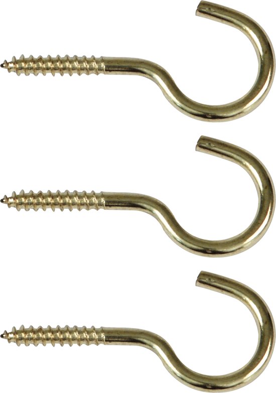 Drie gouden schroefhaken met schroefdraad en gebogen uiteinde.