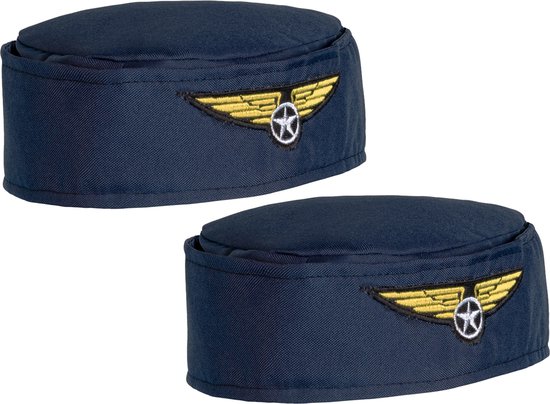 Boland Carnaval verkleed Stewardessen hoedje - 2x - blauw/goud - voor dames - Luchtvaart thema