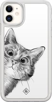 Casimoda® hoesje - Geschikt voor iPhone 11 - Kat Kiekeboe - 2-in-1 case - Schokbestendig - Illustratie - Verhoogde randen - Wit, Transparant