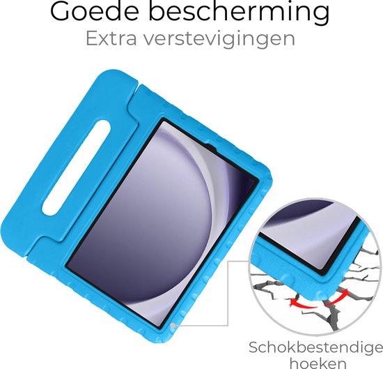 Blauw tablethoesje met handvat, extra verstevigde hoeken en schermopening.