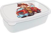 Broodtrommel Wit - Lunchbox Brandweerwagen - Jongens - Kind - Rood - Brooddoos 18x12x6 cm - Brood lunch box - Broodtrommels voor kinderen en volwassenen