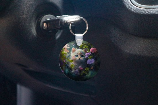 Porte-clés rond - Chat avec fleurs - Porte-clés en plastique - Cadeaux filles - Cadeaux filles - Gâterie pour Chats