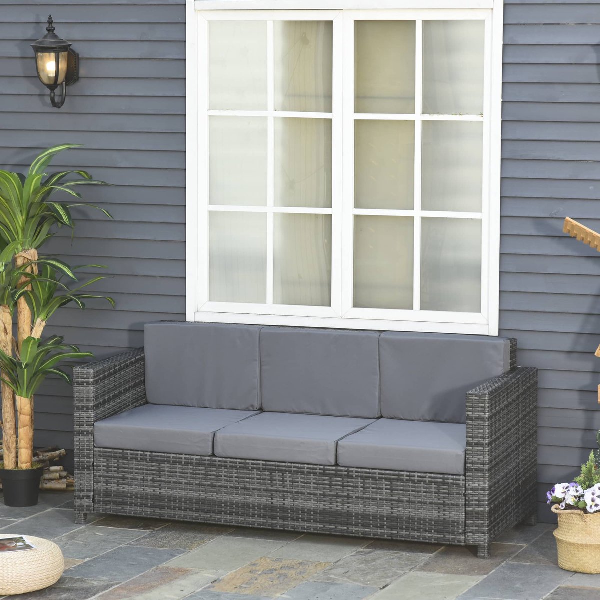 Poly-rattan bank met kussen 3-zits tuin lounge schuim metalen polyester grijs 185 x 70 x 80 cm