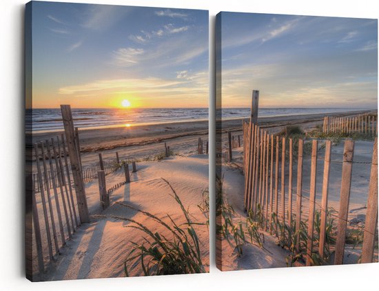 Artaza Canvas Schilderij Tweeluik Strand en Zee vanuit Duinen met Zonsondergang - 180x120 - Groot - Foto Op Canvas - Canvas Print